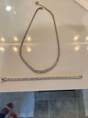 Silver Crystal Tennis Necklace and Bracelet Set